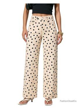 High Waisted Wide Leg Jeans Stretch Denim Polka Dot Pants